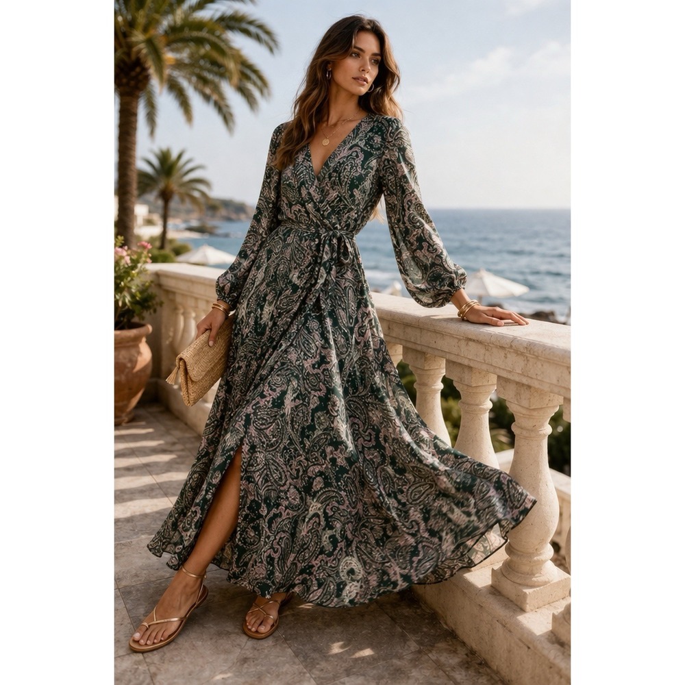 Women's Paisley Boho Wrap Maxi Dress Mulitcolor Long Sleeve Festival Resort Flow - Picture 2 of 3